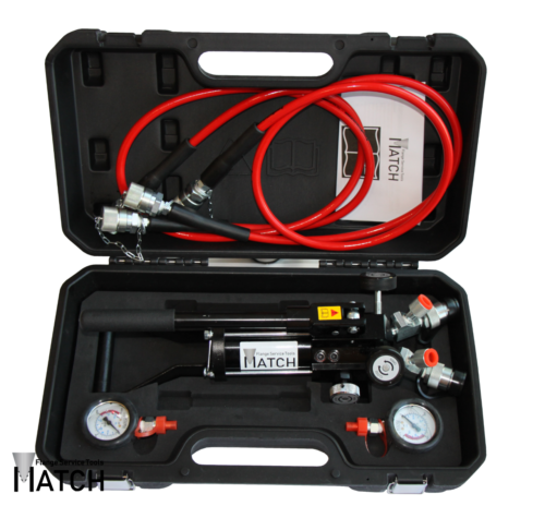 Hydraulic hand pump (HP350BEX) Twin connection with 2x red hydraulic hose in transport case