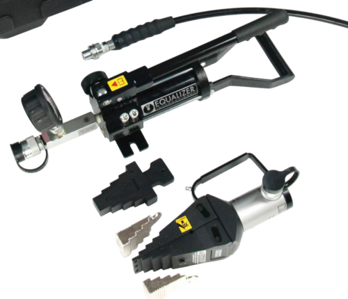 Hydrauliczny rozpierak do kołnierzy SW15TE firmy Equalizer z blokami stopniowymi, pompą ręczną HP350S, blokiem zabezpieczającym i wężem hydraulicznym